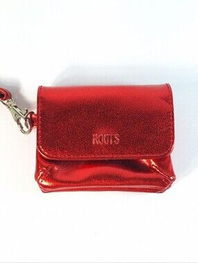 Roots Red Metallic Mini Pouch Keychain Glossy Compact Coin Purse Key Fob Holder